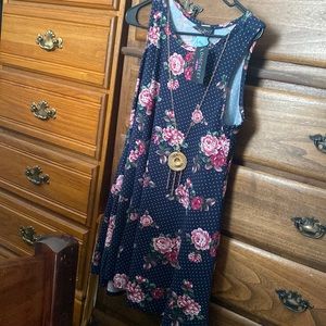 Navy blue dress with polka dots and pink flowers. Size LARGE.